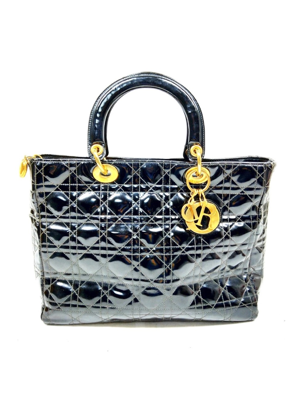 Christian Dior Med Lady Dior Black Patent Cannage Quilted Leather Gold Hardware